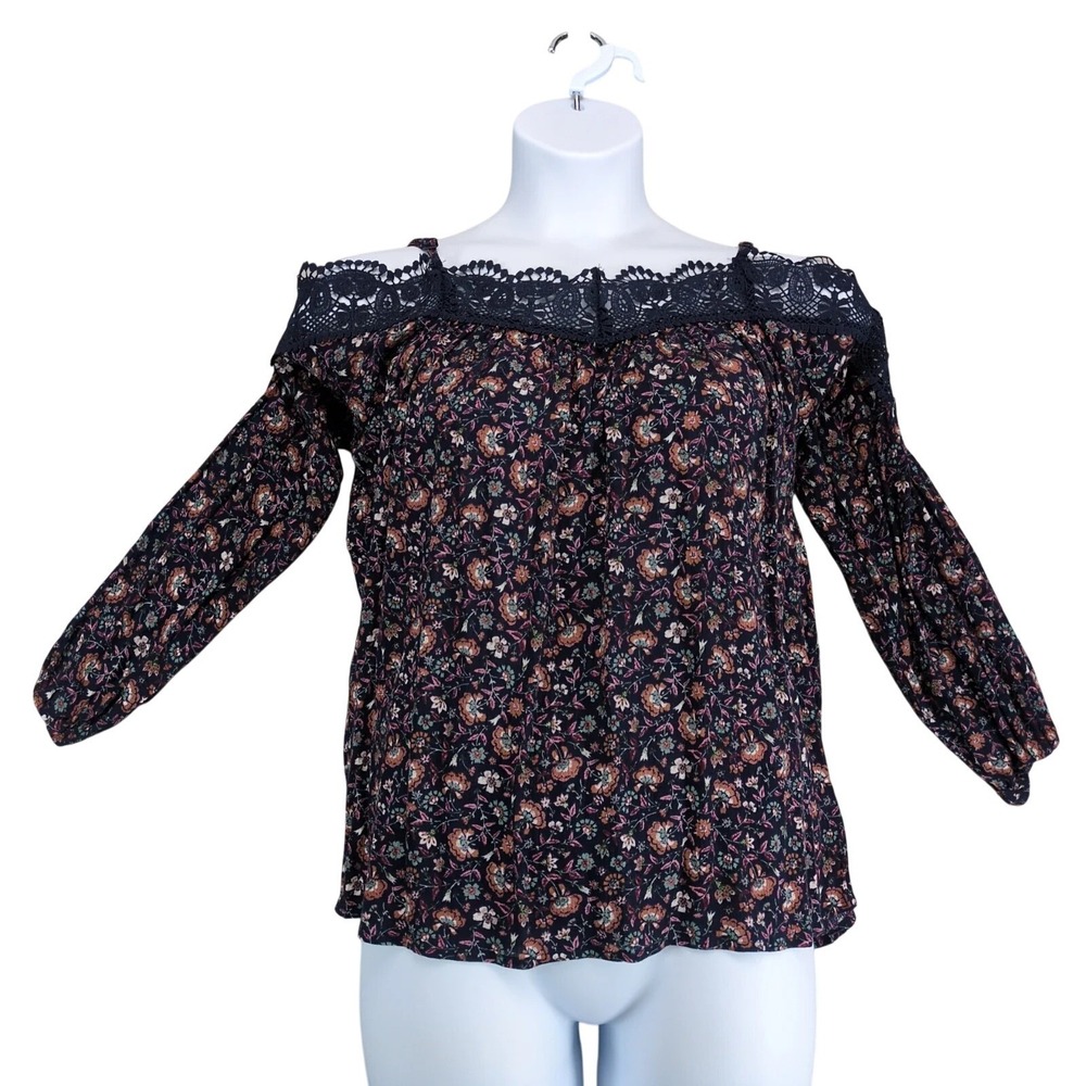 NWT Gypsies & Moondust Navy Floral Crochet Lace Peasant Blouse Open Shoulder M